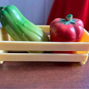 5/$25 plastic APPLE and  pickle salt and pepper 1960 shaker set